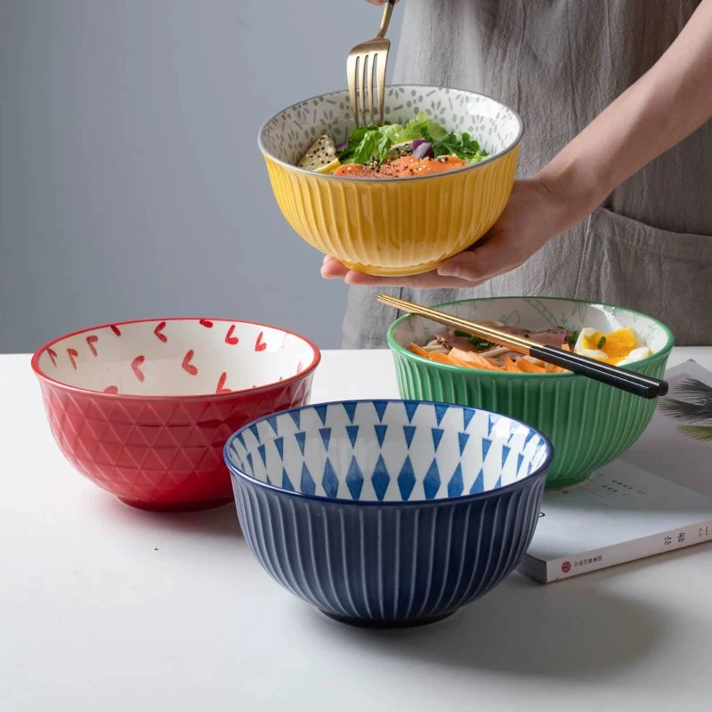 

Creative Personality Korean Ceramic Relief Large Bowl Set Soup Bowl Large Noodle Bowl Home Large Salad Bowl 6.3 Inches Tableware