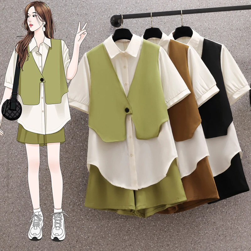 

Женский комплект из двух предметов, повседневный однобортный Топ в стиле пэчворк с уникальным дизайном и коротким рукавом, однотонные простые свободные шорты со средней посадкой