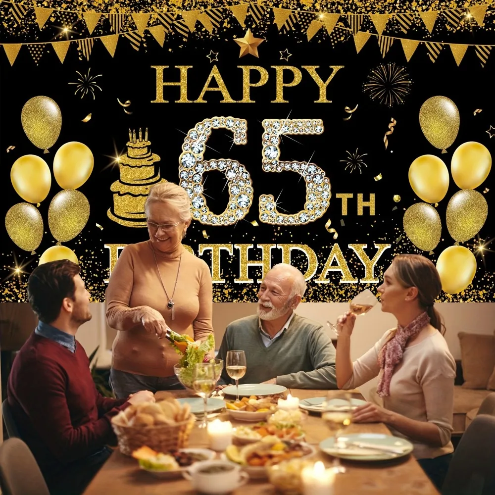 65th Birthday Party Decoration Banner - Black Polyester Backdrop with Gold Balloons & Cake Design for Men and Womenncluded