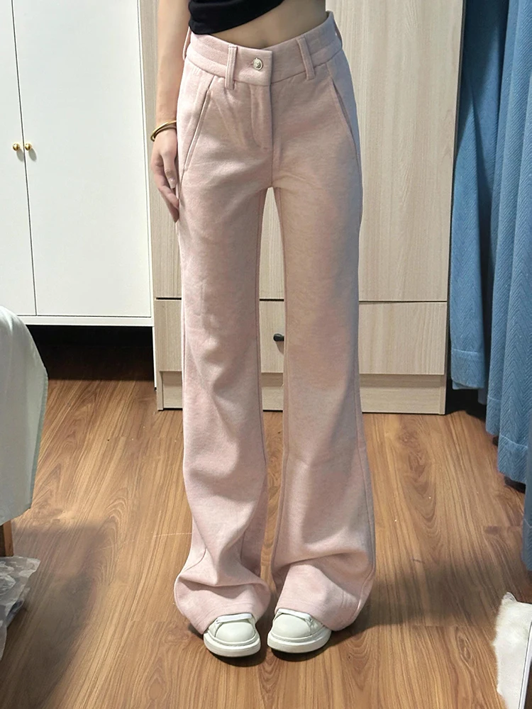 

Розовые расклешенные повседневные брюки с высокой талией, женские зимние новые брюки-копыта длиной до пола Thiened Fce