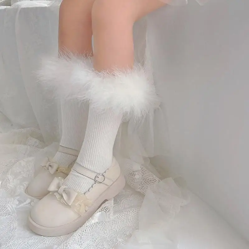 

Q22D Toddler MidCalf Socks Furry Knee High Socks 1-13Y Girls Accessories