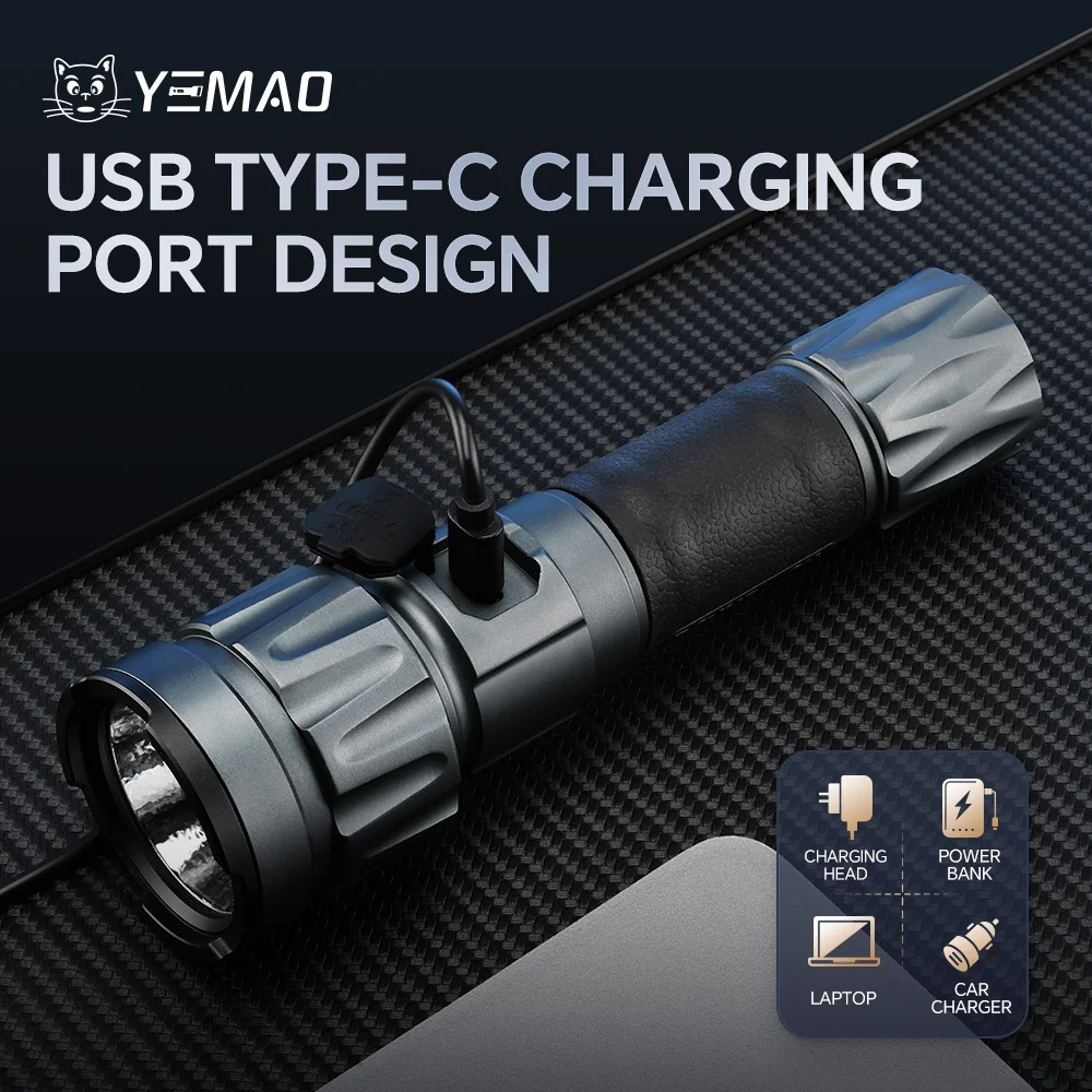 Linterna YEMAO-A81 6210LM, lig de búsqueda de carga USB-C, haz de 500 m, batería 21700, pantalla inteligente, resistente al agua IPX4, interruptor táctico