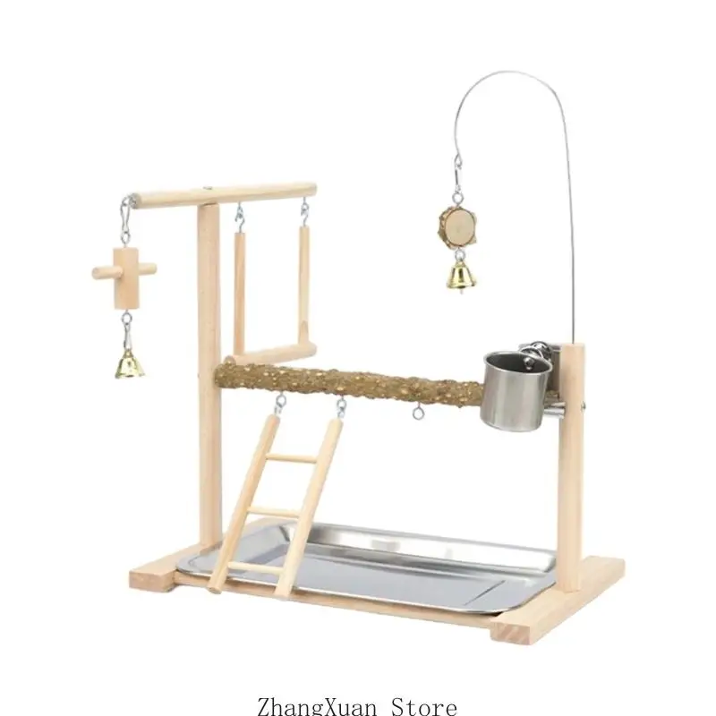 Wooden Bird Activity Stand with Branch Perch Ladder and Swing for Pet Parrots 3XUF