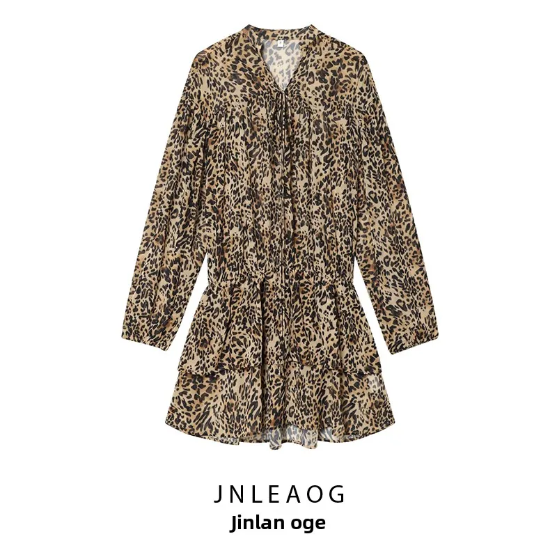 Ele Animal Print Em Camadas Decorativas Dr JNLEAOG Outono Novo Sle Feminino Faion Cor Pura Poliéster Longo Sve Slim...
