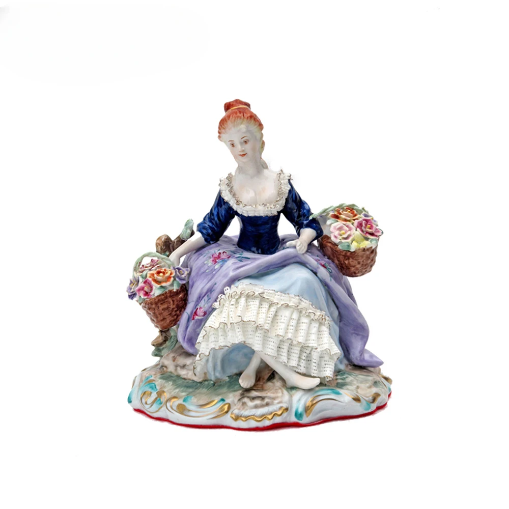 18th Century French Baroque Handmade Antique Porcelain Lovers Show Love Statue Sculpture Kneel and Send Flowers.