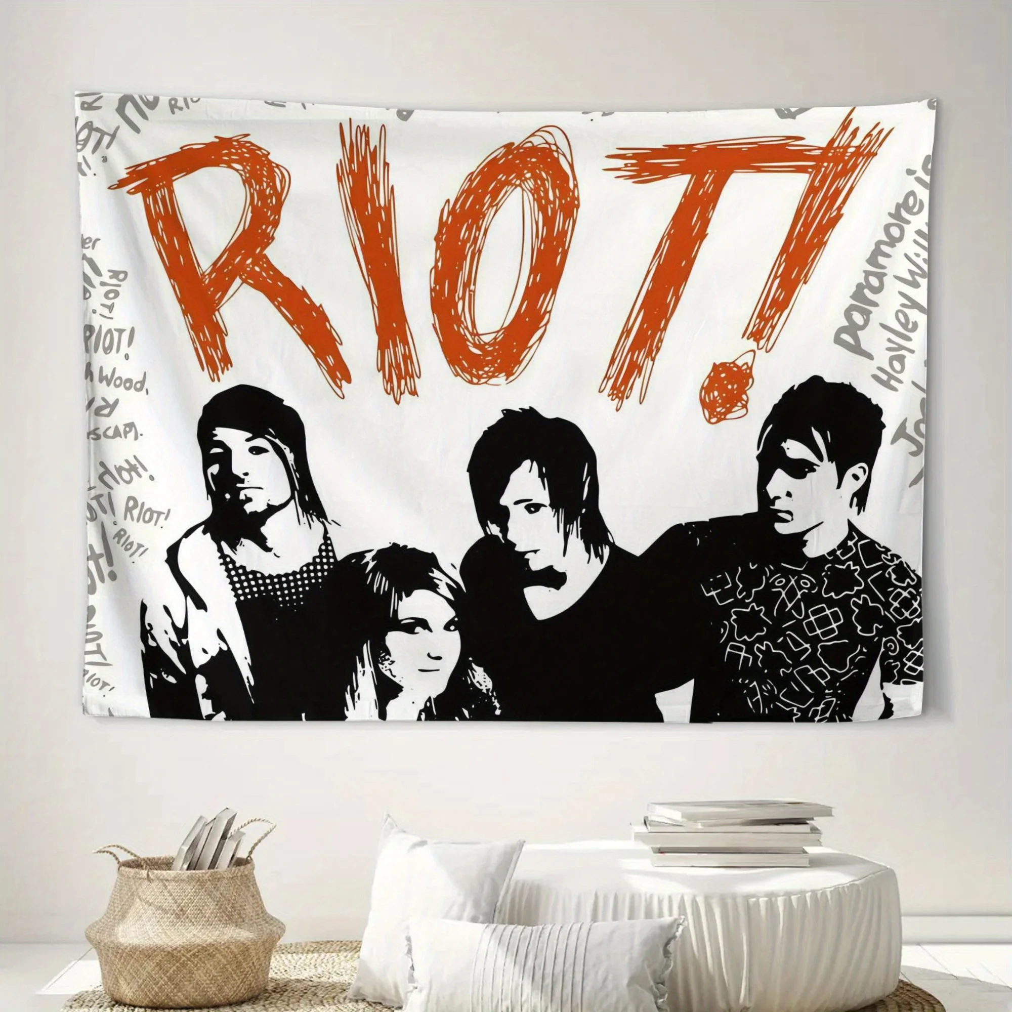 Tapiz minimalista Paramore Riot - Miembros de la banda en blanco y negro, arte de pared horizontal para oficina, estudio y dormitorio