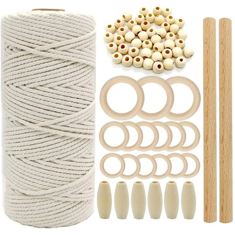 1Set Macrame Cord Cotton Rope With Wood Ring Wooden Beads For DIY Wall Hanging