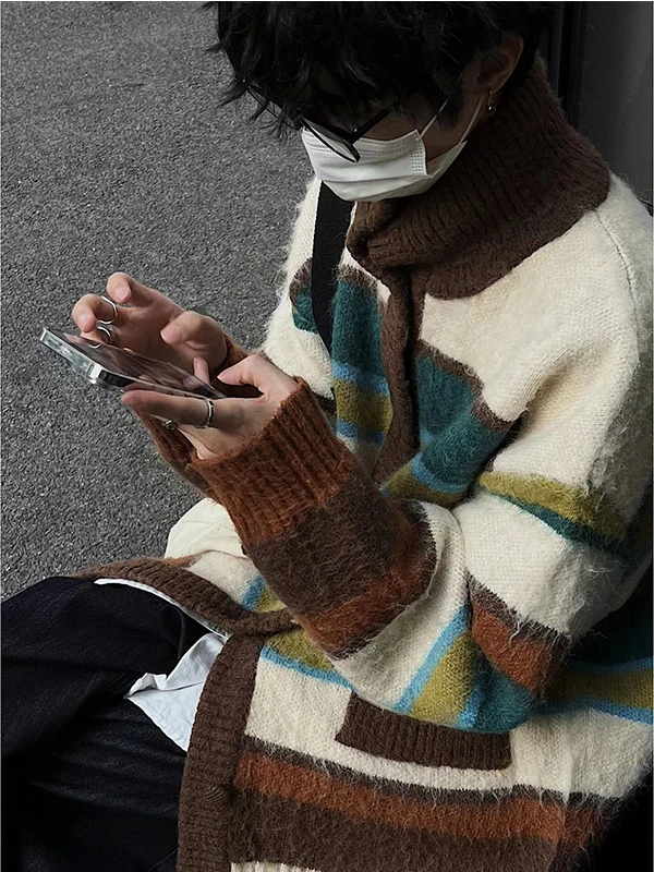 

Мужской вязаный кардиган в стиле ретро с американской полосатой расцветкой, осенне-зимний, свободный, мягкий свитер-жакет с высоким воротом и длинными рукавами