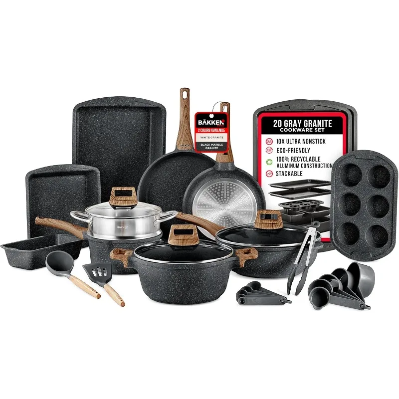 

20-Piece Kitchen Cookware Set – Granite Non-Stick – Eco-Friendly – for All Stoves & Oven-Safe - Marble coating