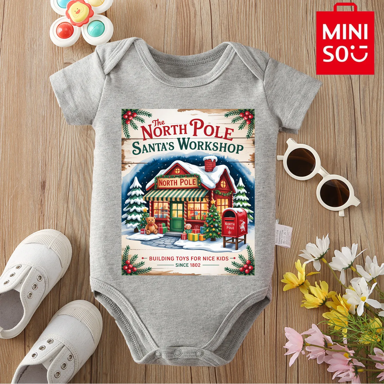 

MINISO Pure Cotton Cloths Baby's First Christmas Santa Claus Onesie Jumpsuit Bodysuit for 0-12 Months Newborn Best Gift for Baby