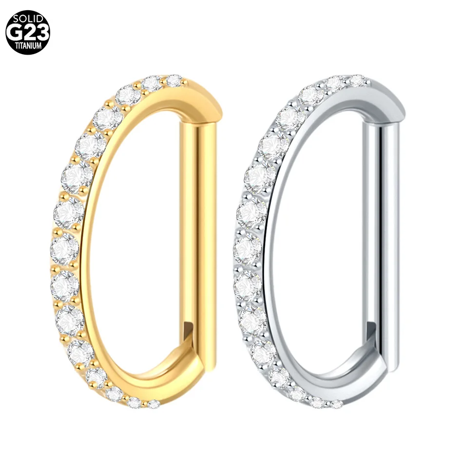 1pc Titanium D Shape Nose Ring with Clear CZ Hinged Segment Hoop Daith Cartilage Tragus Helix Earring Piercing Body Jewelry