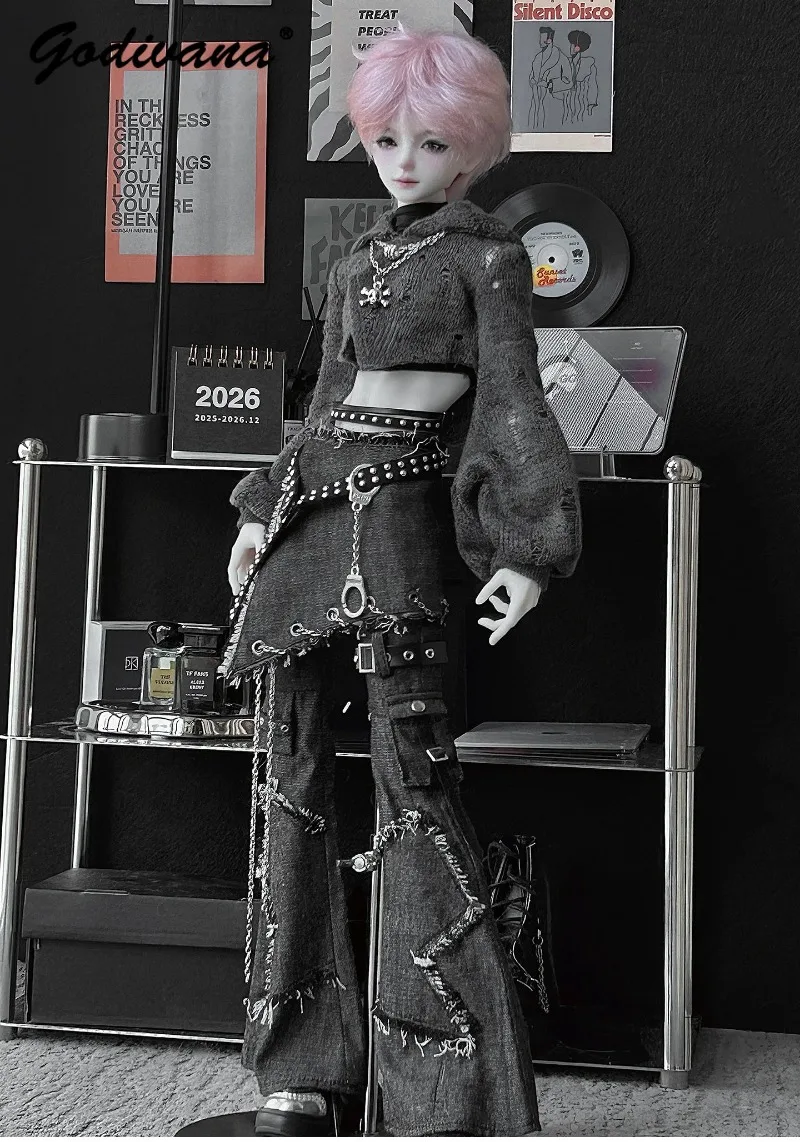 BJD Doll Wasteland Punk Outfit Hooded Cropped Sweater Flare Cargo Pants Set Handmade Distressed Denim Pants for Large 1/4 BJD