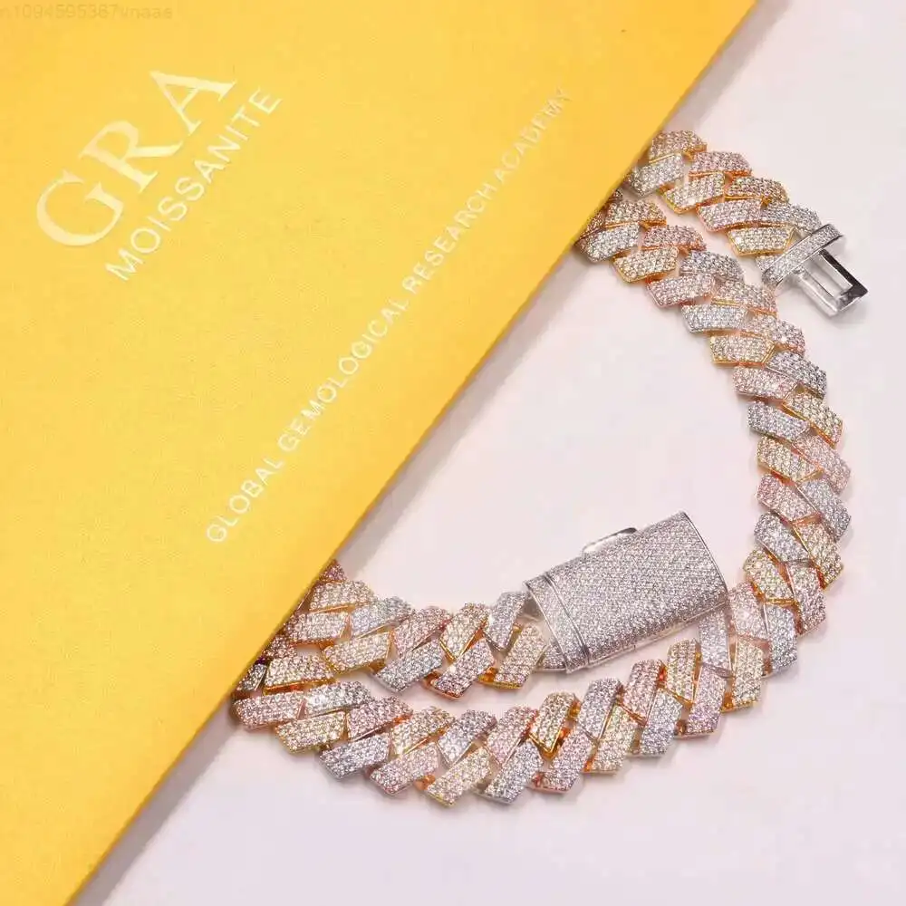 

13mm Wide 925 Sterling Silver Gold Plated 3rows Vvs Moissanite Iced Out Cuban Link Chain Cz Fashion Jewelry