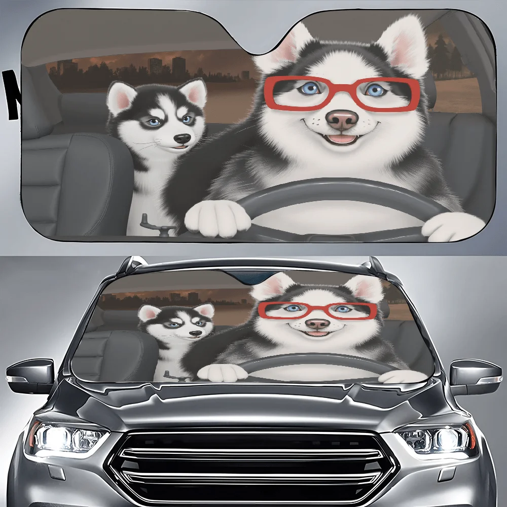 Couple Of Husky Dogs In Driver'S Seat | Car Auto Sunshades, Front Window Sun Cover, Durable Polyamide Visor For Car Decor And Gi