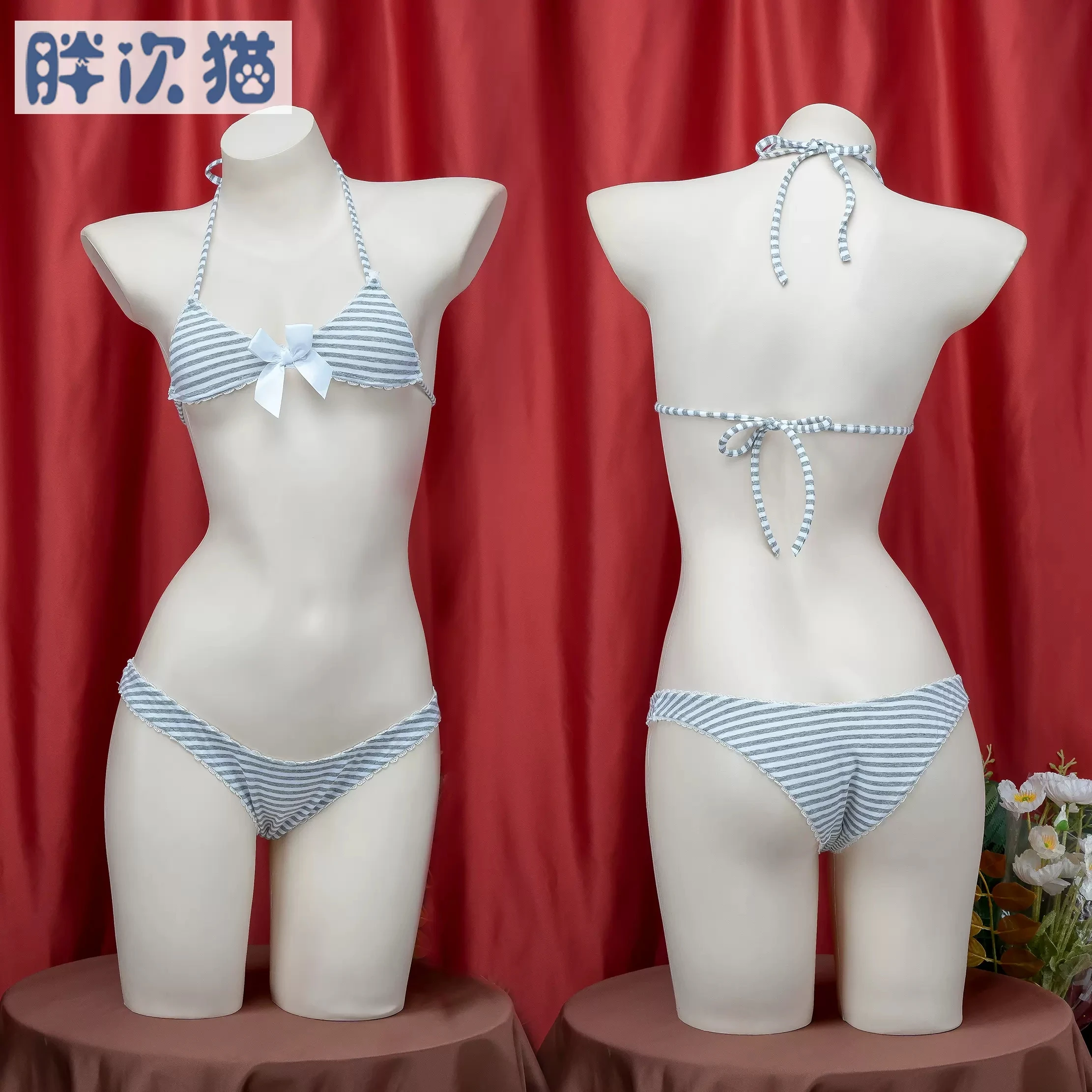 Três Ponto Listrado Bowknot Bikini, Conjuntos De Roupa Interior De Bandagem, Escola Cosplay Traje, Uniforme Meninas, Estilo Japonês