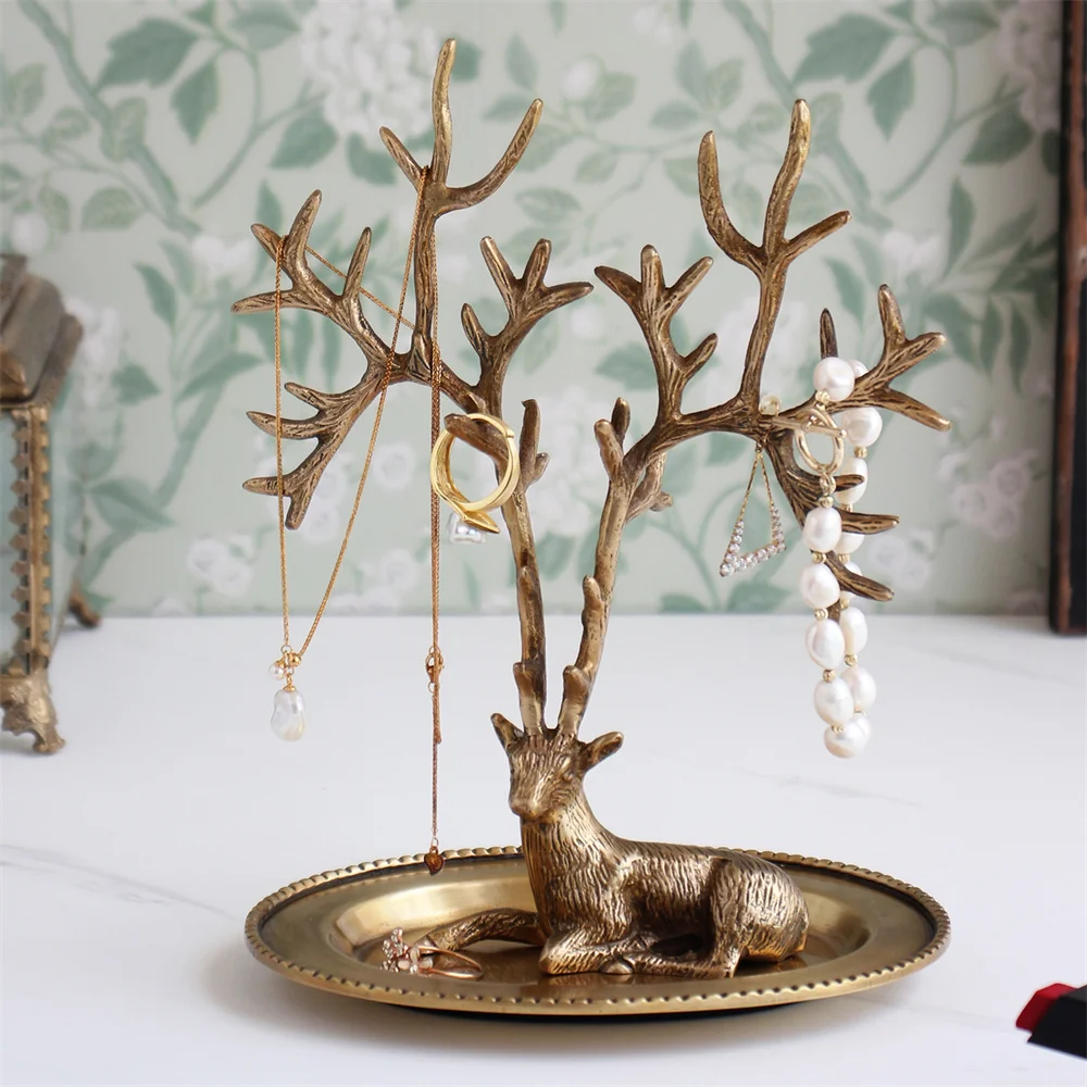 

Brass Tray Deer Antlers Tree Rack Jewelry Display Stand Earrings Necklaces Trinket Key Tray for Entryway Table Vanity Organizer