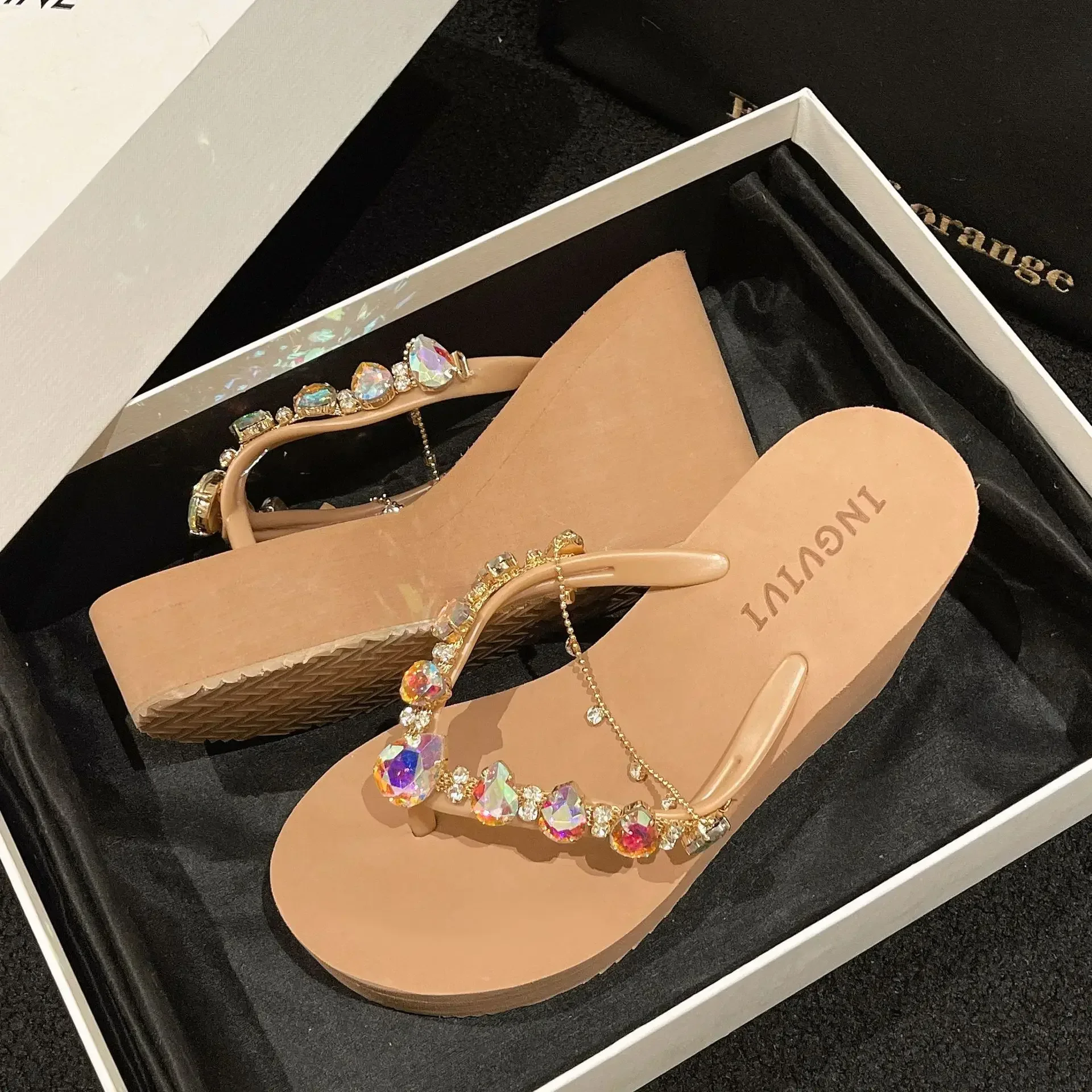 Flip Flops Women New High Heeled Slippers Women Diamond Slope Heel Slippers Elegant Fashion Beach Sandals Womens Sexy Shoes