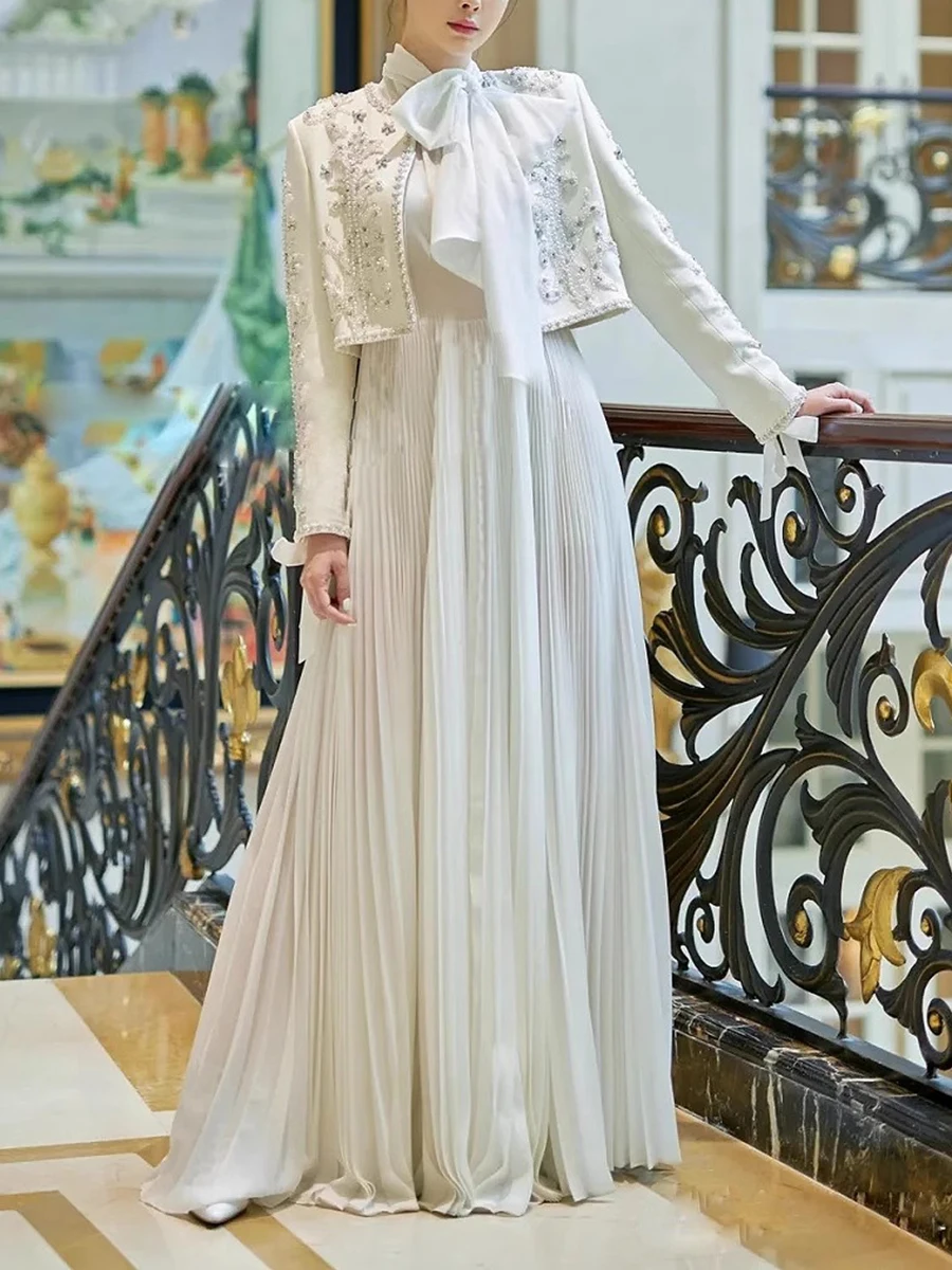 VGH Elegant Dress Suit for Women O Neck Long Spliced Embroidery Coat Scarf Collar Sleeveless Pleated Dress Solid Set Female New