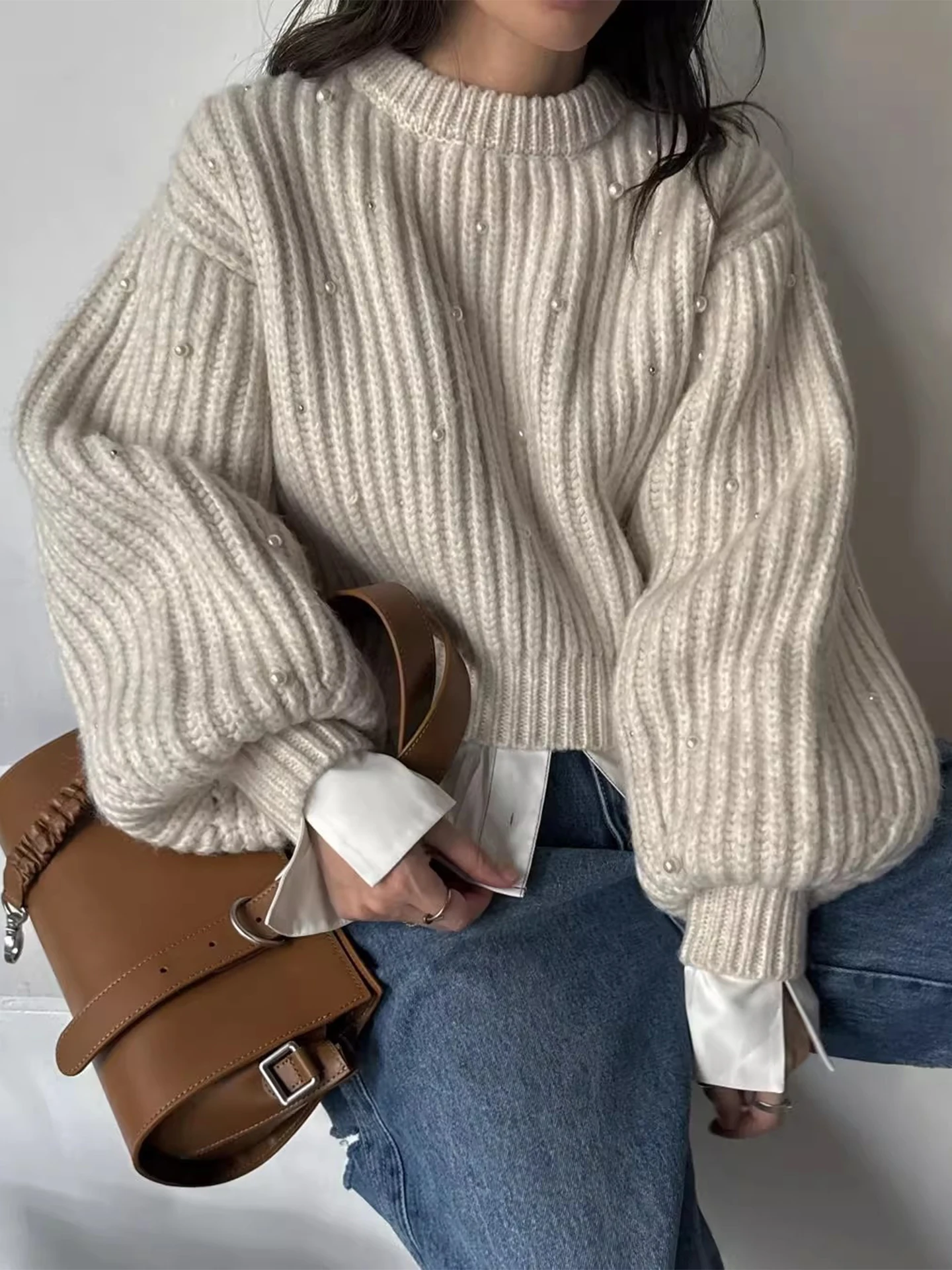 

Ele, трикотаж с бисером, женский повседневный фонарь Све, полосатый зимний новый свитер Sle ort, универсальный свободный крой для поездок на работу...