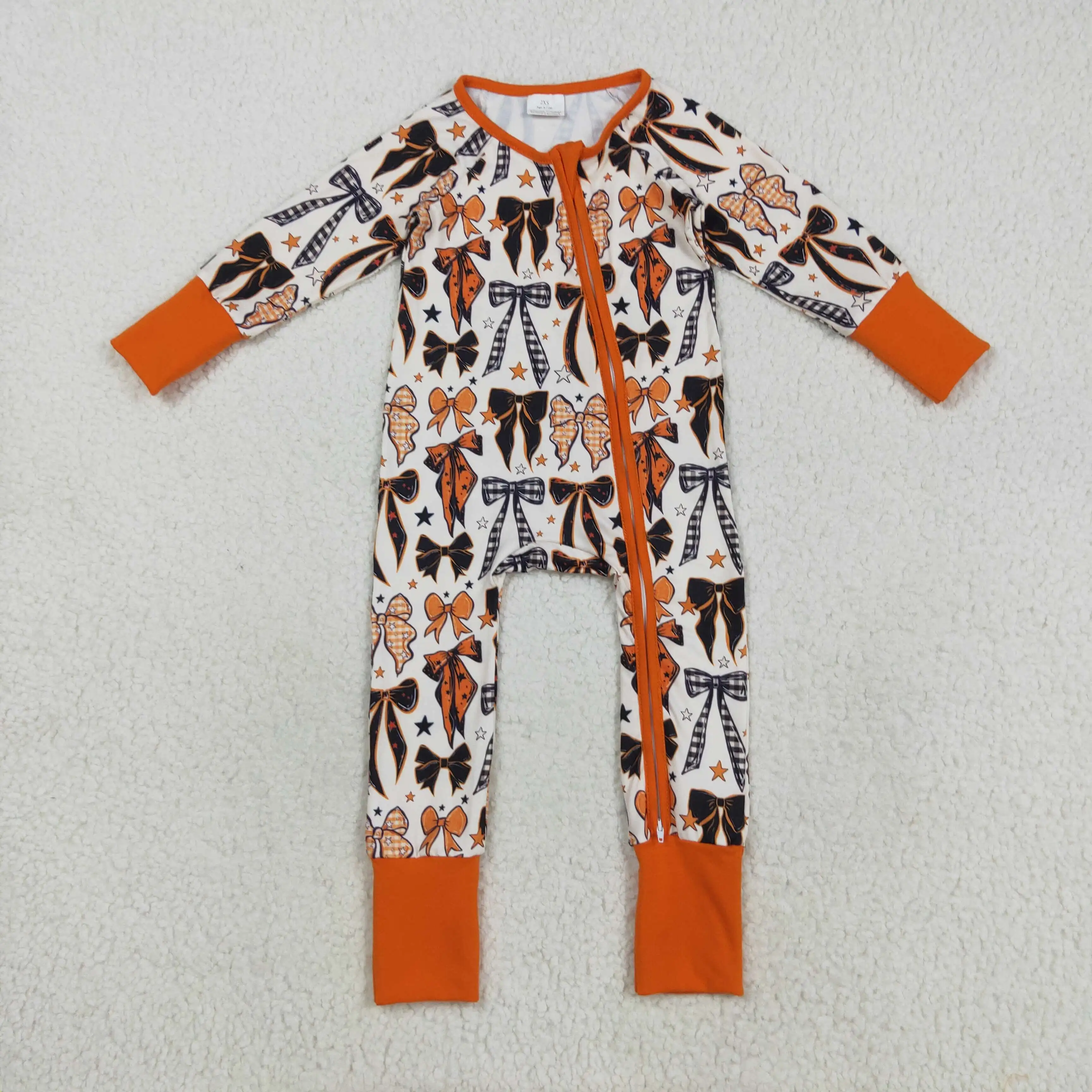 

XLR2409 Fall Baby Girl Romper Boutique Bow Pattern Star Orange Zipper Long Sleeve Onesie Wholesale