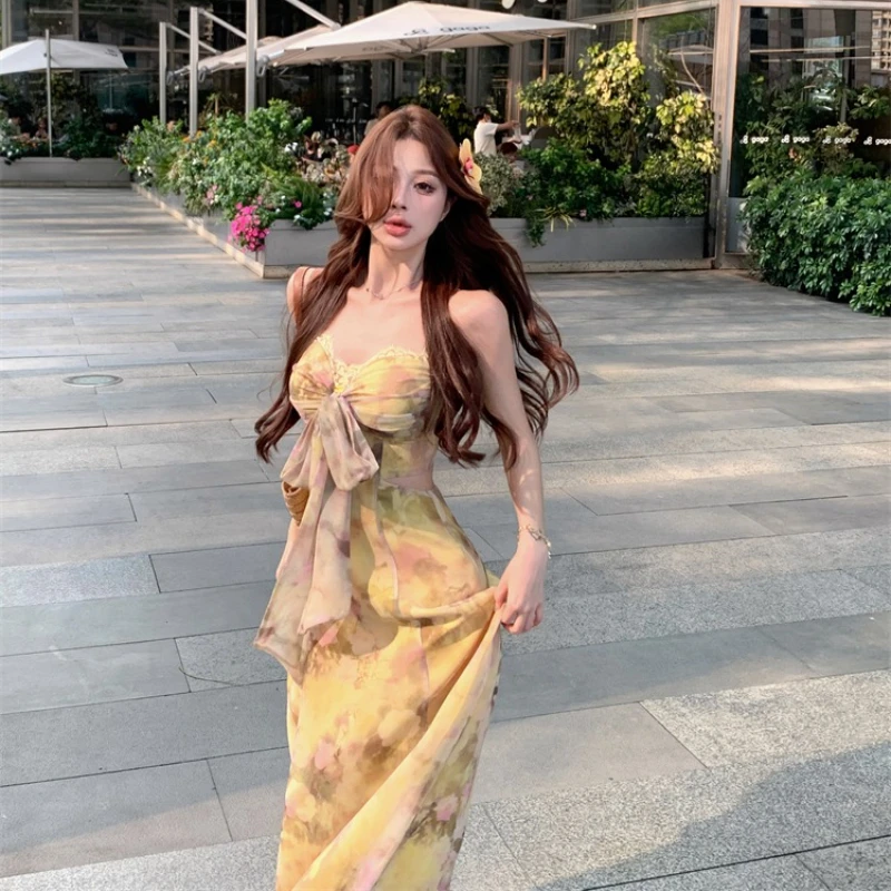 ลูกไม้เย็บปะติดปะต่อชีฟองพิมพ์สายรัดชุดผู้หญิงวันหยุดยาวเบาะตัดออกกลับ A-Line ชุดบริสุทธิ์จีบหน้าอกชุดหวาน