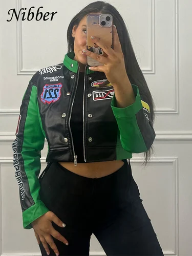 Imagen 1 del producto Chaqueta de cuero de imitación de estilo Hipster de Nibber para mujer, abrigo de moda de otoño Hipster con estampado de letras y uniforme Hipster de calle de un solo pecho