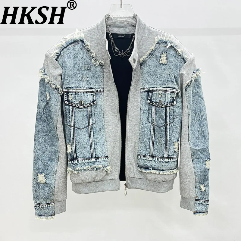

HKSH Spring Autumn New Men Trend Ripped Frayed Denim Patchwork Jacket Elastic Waist Wide-Leg Pants Fashion Two-Piece Set HK16899