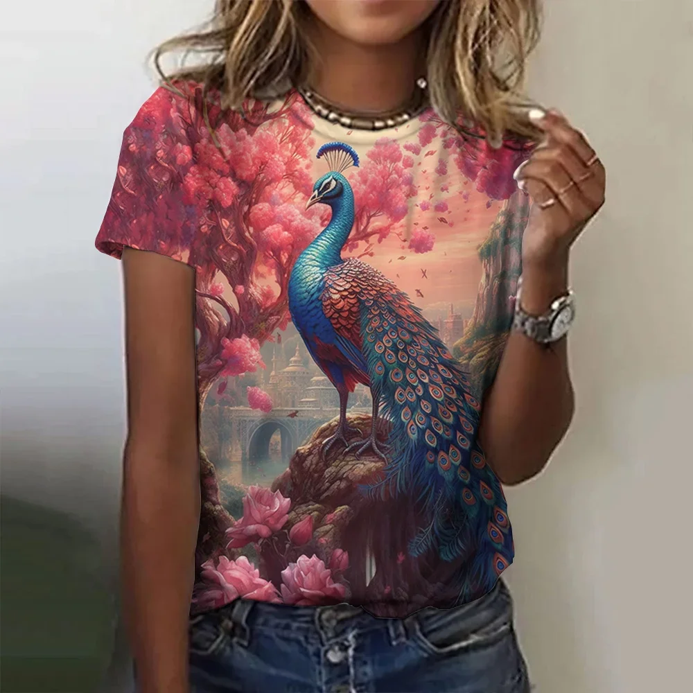 Summer Fashion Women T-Shirt Peacock Feather 3D Print Top Harajuku Colorful Personality Short Sleeve T shirts Oversized Clothing