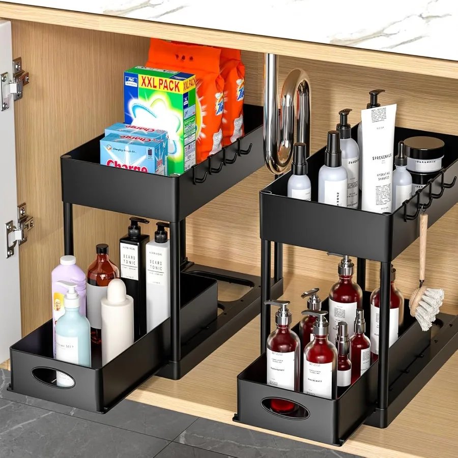 

2 Set Under Sink Cabinet Organizer 2 Tier Storage Under Cabinet Bathroom Under Sink Organizers and Storage Black Under Sink Sto