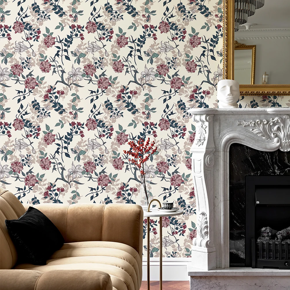 Retro Floral Printed Vinyl Removable Wallpaper Chic Flower PVC Peel and Stick Wall Decor Classic Pink Furniture Cabinet Sticker