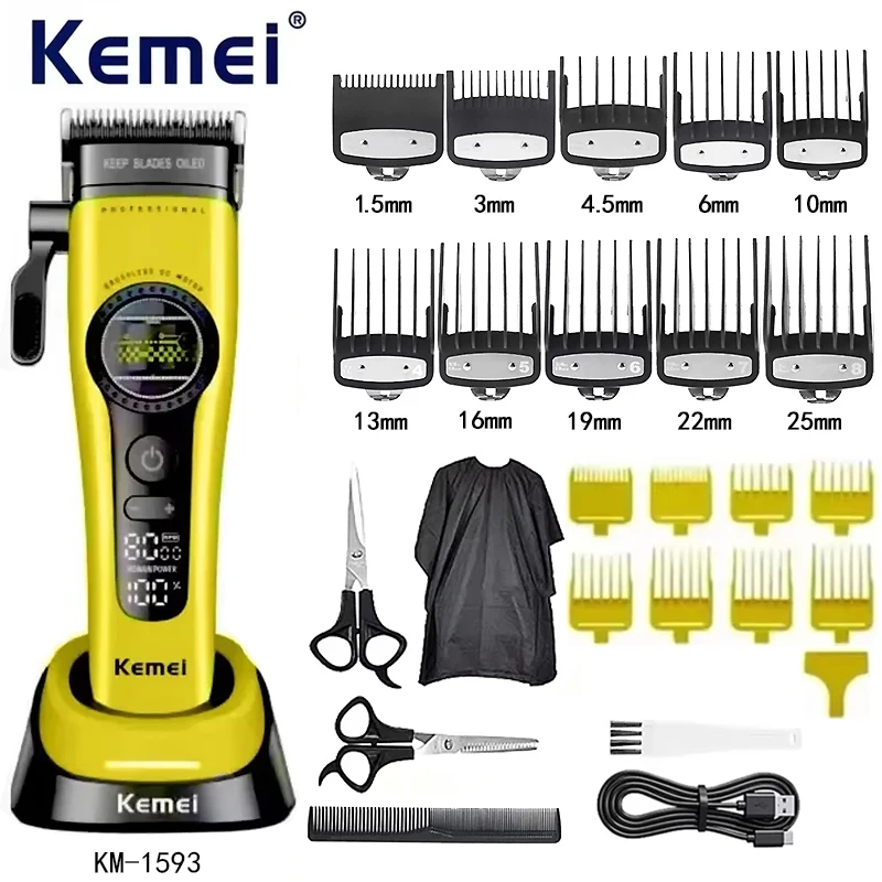 Kemei KM1593/1595 est équipé d'une tondeuse à cheveux externe sans balais pour hommes, une tondeuse professionnelle rechargeable.