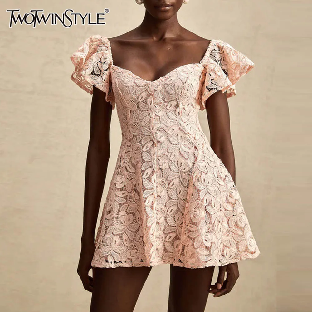 

TWOTWINSTYLE Solid Slimming Elegant Tunic Dresses for Women Square Neck Short Sleeves Patchwork Hollow Out Dress Female Clothing