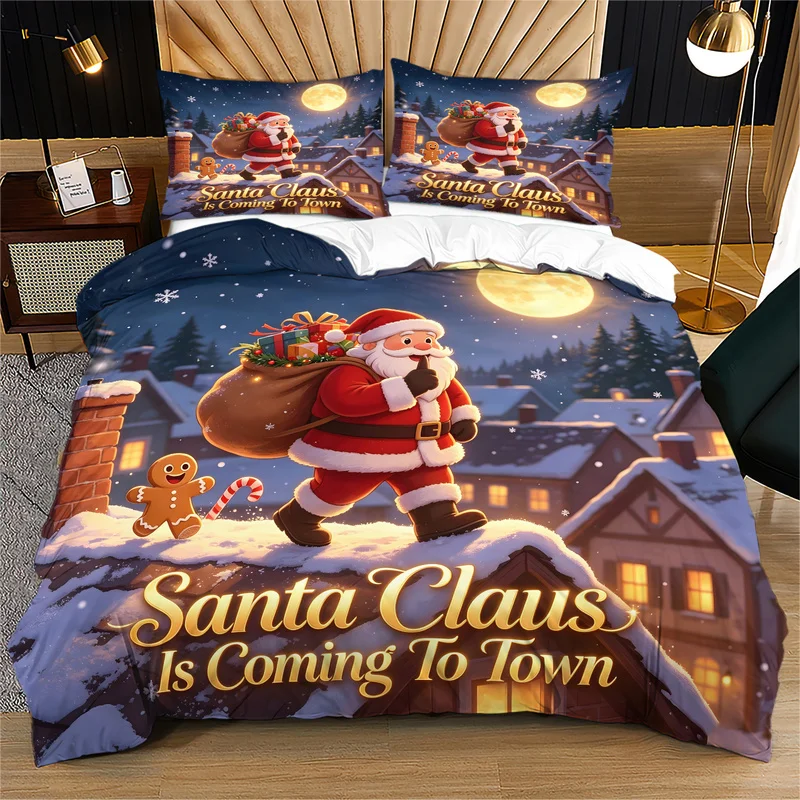 2/3Pcs Microfiber Christmas Duvet Cover Set(Without Comforter & Pillow Inserts),Multi-Sizes,Skin-Friendly,Ultra-Soft,Santa Print