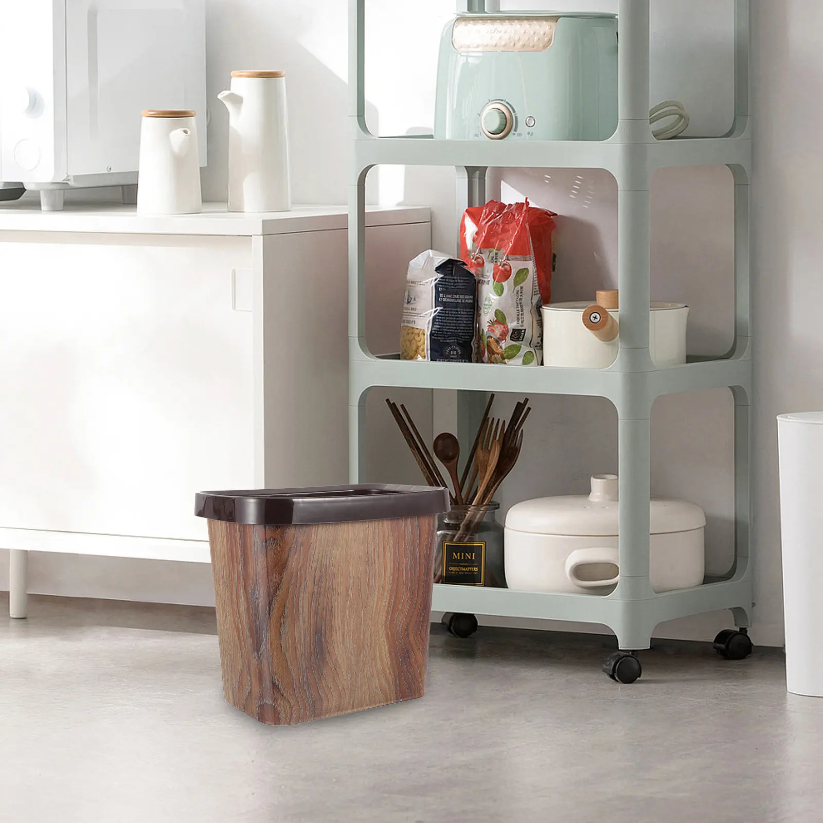 Fashion Wood Grain Rubbish Bin Plastic Retro Waste Container Large Opening Design for Home Office Kitchen Bathroom Bedroom