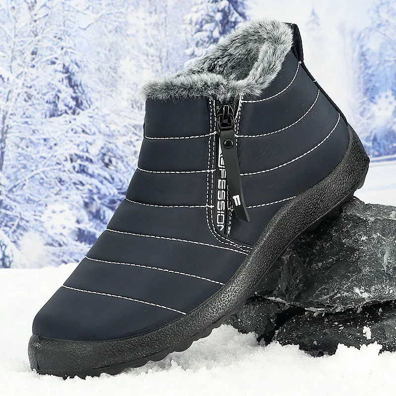 Herren Winter Schneestiefel mit Seitenreißverschluss, wasserdicht, warm, mit Fleece gefüttert, knöchelhoher Stiefel, rutschfest, Outdoor, Freizeit, Baumwollschuhe – Detail 11