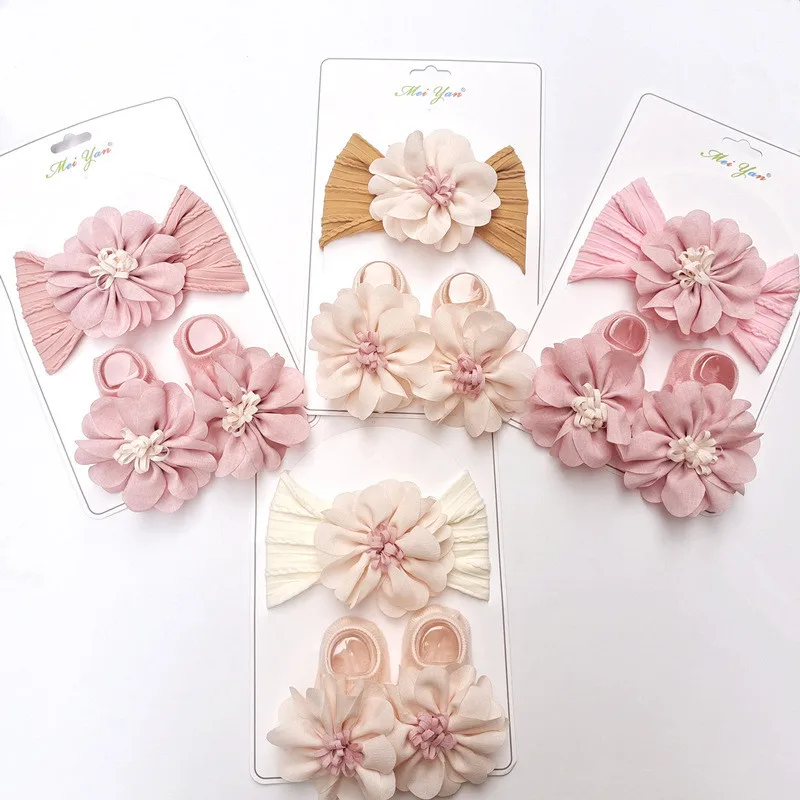 

Infant Lace Flower Baby Headbands Socks Non-slip Anklet 0-12M Wide Elastic Hairbands