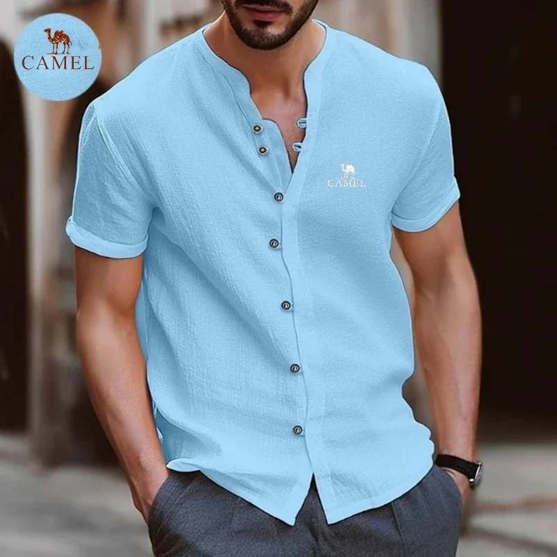 High End Embroidered CAMEL Vintage Cotton Linen Shirt, Summer Men\'s Fashion Trend, Casual Sports Short Sleeved Polo Shirt Top