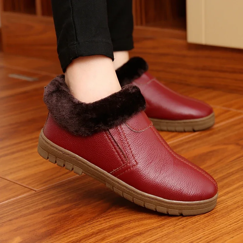 Genuine Leather Winter Home Cotton Shoes for Men and Women Anti-Skip Warm Heel Protective The Aged Indoor Slippers