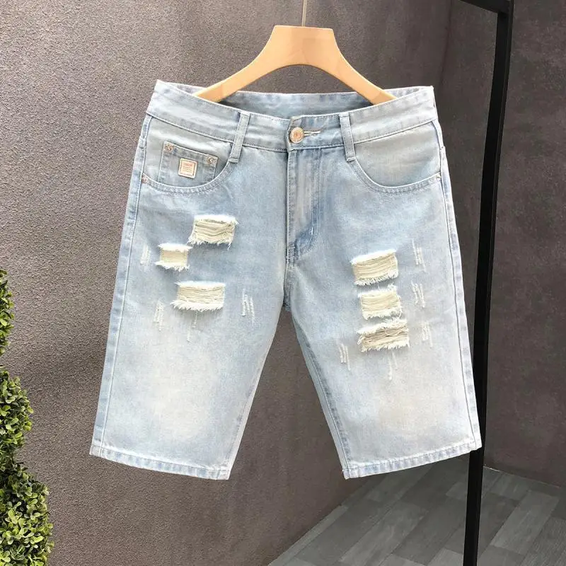 2024 Summer Popularity Light Blue Cowboy Shorts Men High Street Hole Quarter Pants Youth Slim Loose Fashion All-match Trousers