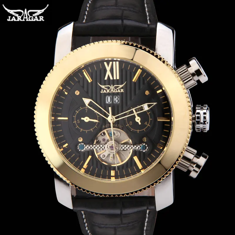 JARAGAR2023 Men\'s Watch Luxury Brand Fashion Glass Mechanical Skeleton Watches Leather Band Military Army WatchRelogio Masculino