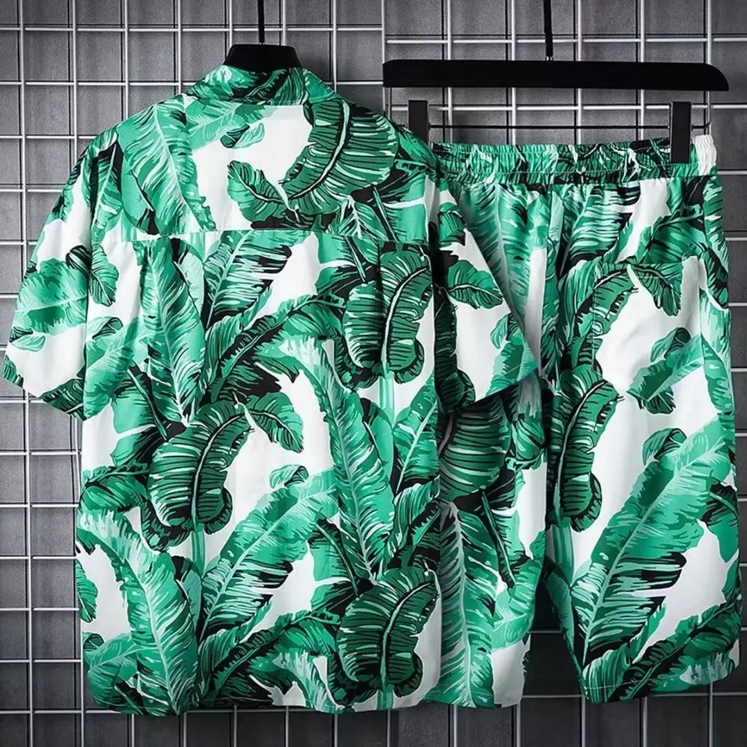 Retro Hong Kong Style Floral Shirt Short Sleeve Thai Hawaiian Design Loose Set Men Casual Sportswear Polyester Fiber Summer