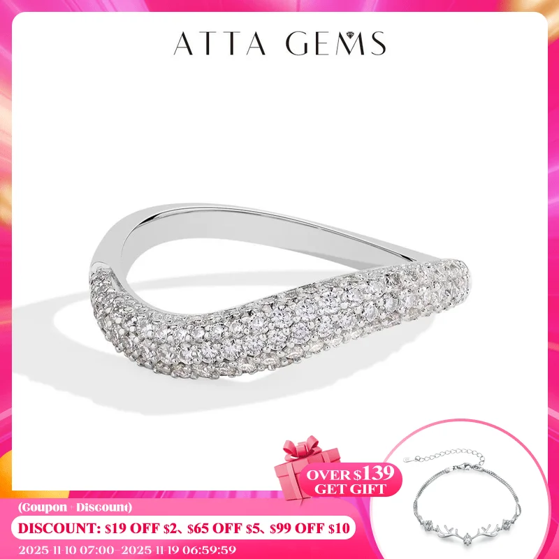 

ATTAGEMS Sparkling Full D Color Moissanite Ring for Women VVS1 Lab Diamond Wavy Band S925 Sterling Silver Stackable Wedding Gift