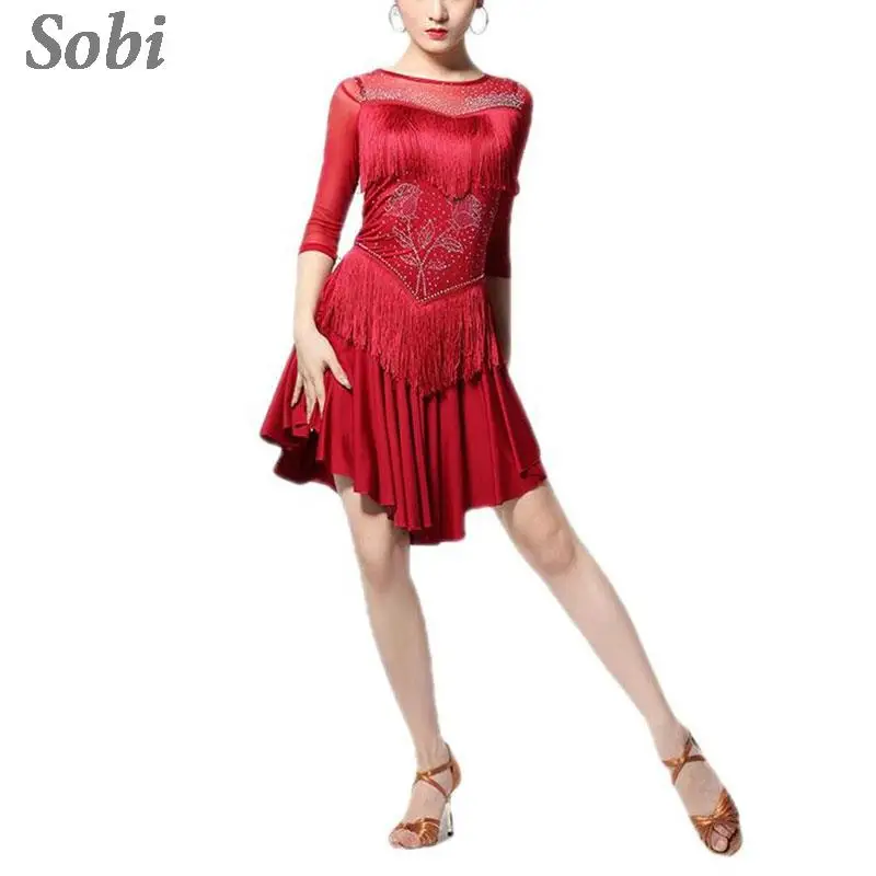 Women Tassel Latin Dance Dress Fringe Flapper Samba Costumes Latin Dance Group Performance Dress Ballroom Tango Salsa Clothes