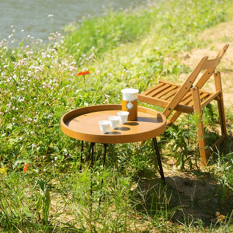 Bamboo folding table household small tea table indoor and outdoor portable multi-scene use small round table stable load-bearing