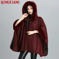 7 Colors Women Horn Buckle Loose Poncho Winter Big Pendulum Velvet Warm Capes Faux Fur Neck Batwing Sleeves Long Coat With Hat