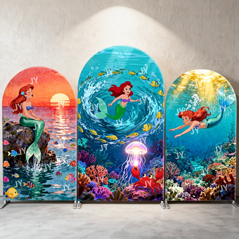 

The Little Mermaid Ariel Arch Backdrop Cover Disney Ocean Style Decor Coral Photo Booth Kids' Birthday Party Decoration