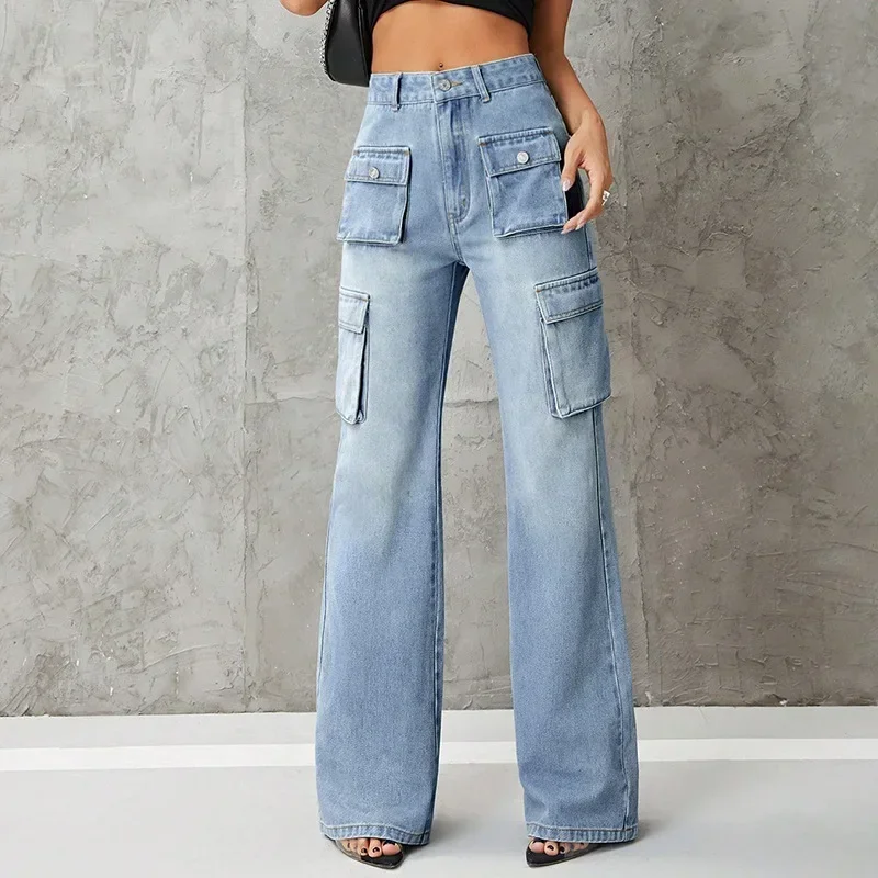 

Women Jeans Spliced Cargo Pants Denim Ankle Length Pants High Waist Washed Vintage Zipper Fly Pockets Loose Fit Streetwear