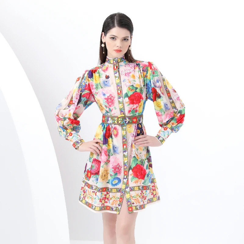 

2025 Spring and Autumn Retro Style Standing Collar Lantern Sleeve Wave Edge Short Printed Dress Women Clothing Summer Dress
