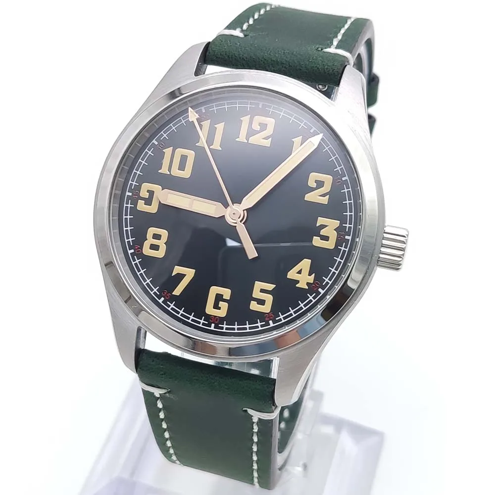 40mm Classic Vintage Men's Watch, Automatic Movement, Dark Green Leather Strap, C3 Night Glow Watch