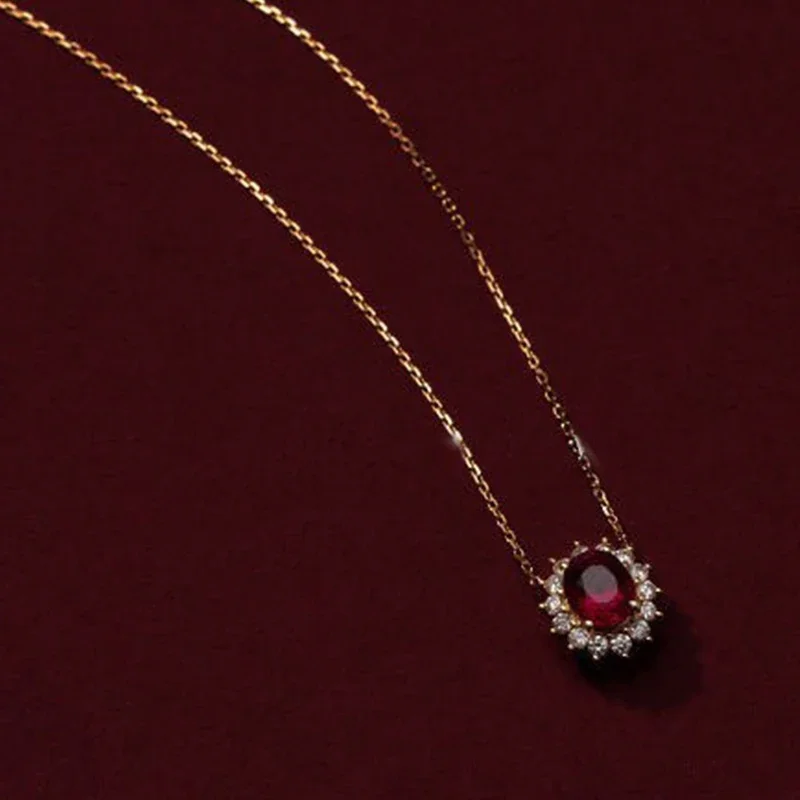 تروميوم 925 فضة روبي 18K مطلية بالذهب سلسلة قلادة العقيق الأحمر معلقة مكعب زركونيا ريترو ستايل قلادة للنساء
